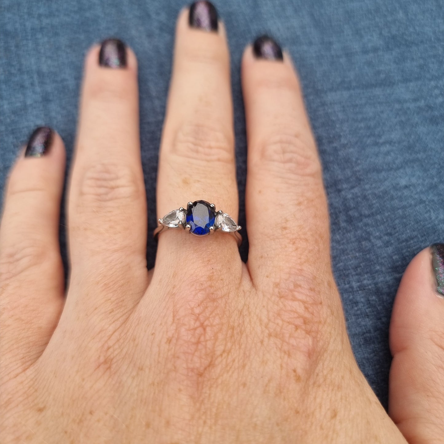 Blue Sapphire and White Genuine moissanite Oval & pear cut 3 stone Trilogy Ring in White Gold or Titanium  - engagement ring - handmade ring