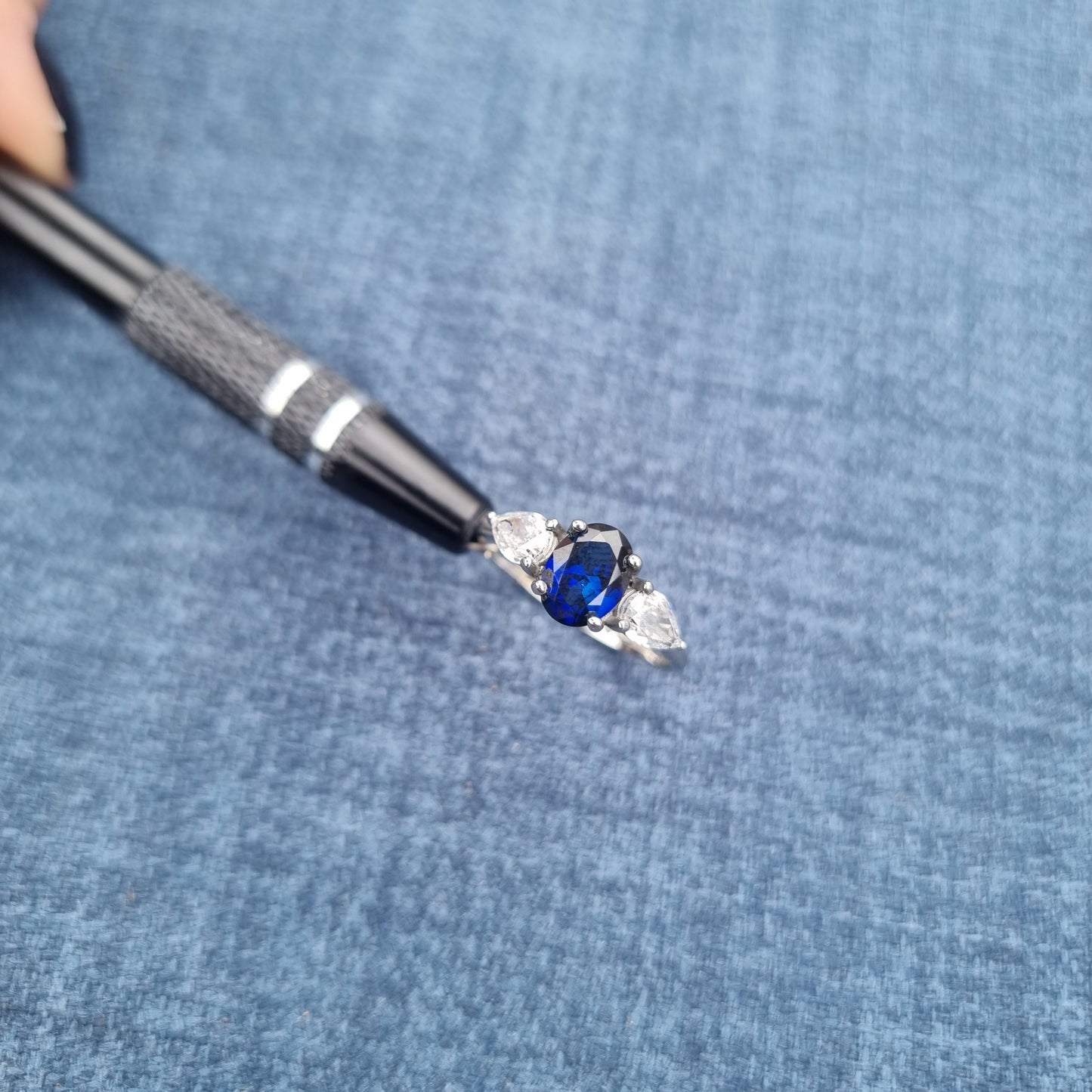 Blue Sapphire and White Genuine moissanite Oval & pear cut 3 stone Trilogy Ring in White Gold or Titanium  - engagement ring - handmade ring