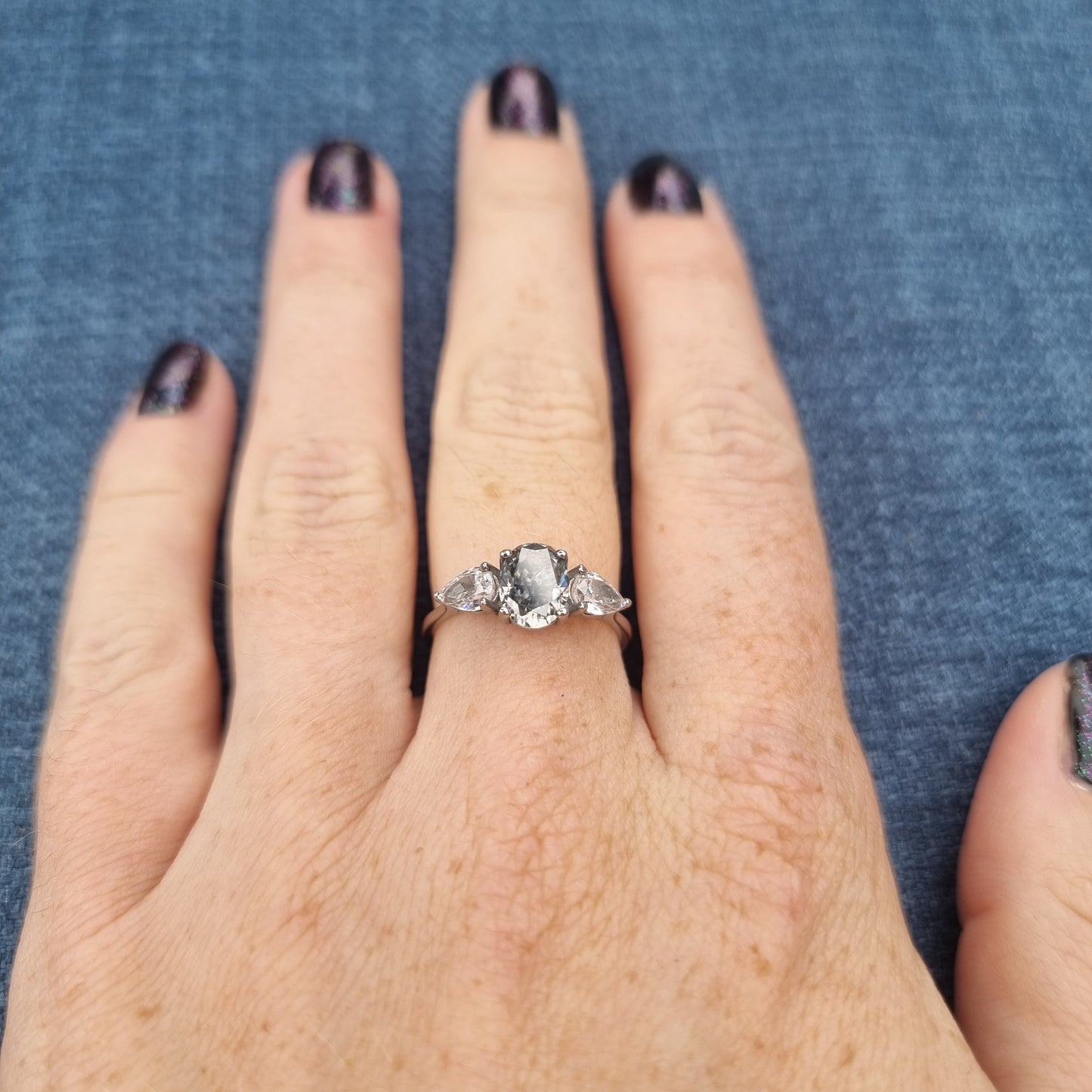 Grey and White Genuine moissanite Oval & pear cut 3 stone Trilogy Ring in White Gold or Titanium  - engagement ring - handmade ring