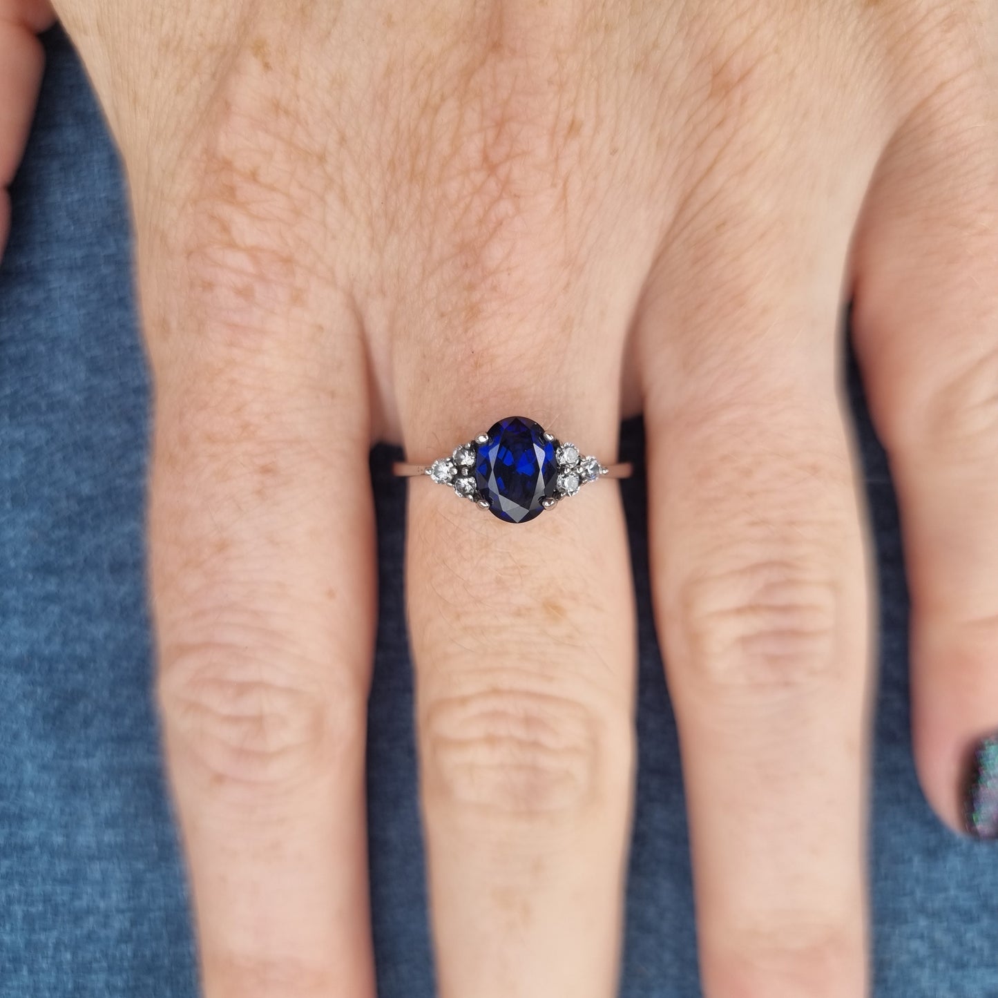 Blue lab sapphire and moissanite Oval Ice cut 3 stone engagement Ring in White Gold or Titanium  - engagement ring - handmade ring