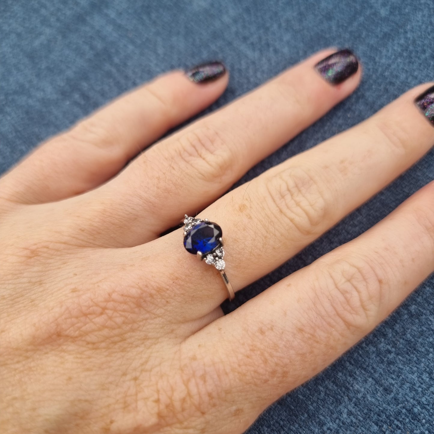 Blue lab sapphire and moissanite Oval Ice cut 3 stone engagement Ring in White Gold or Titanium  - engagement ring - handmade ring