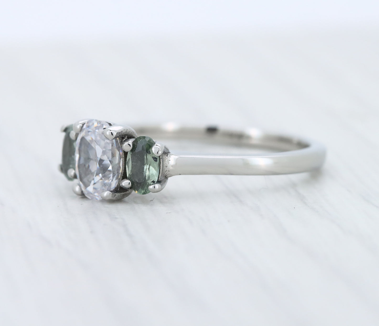 Natural Green Sapphire & moissanite Oval Ice cut 3 stone Trilogy Ring in White Gold Filled or Titanium  - engagement ring - handmade ring