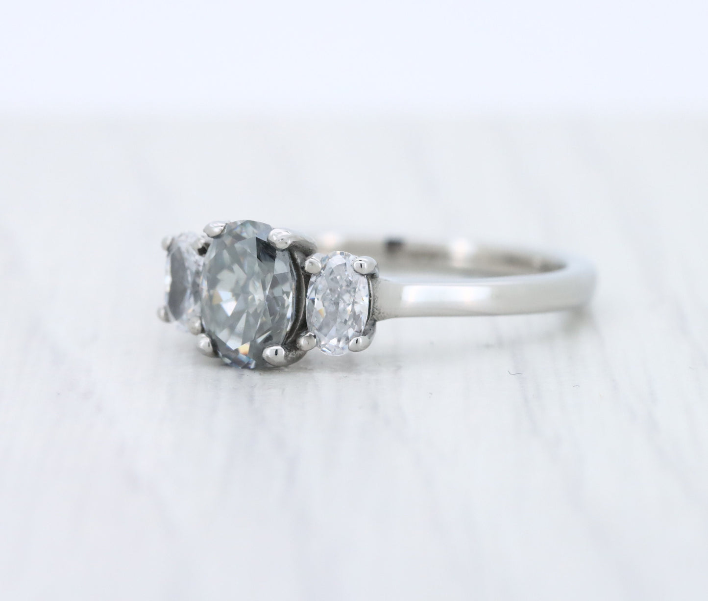 Grey & White moissanite Oval Ice cut 3 stone Trilogy Ring in White Gold Filled or Titanium  - engagement ring - handmade ring