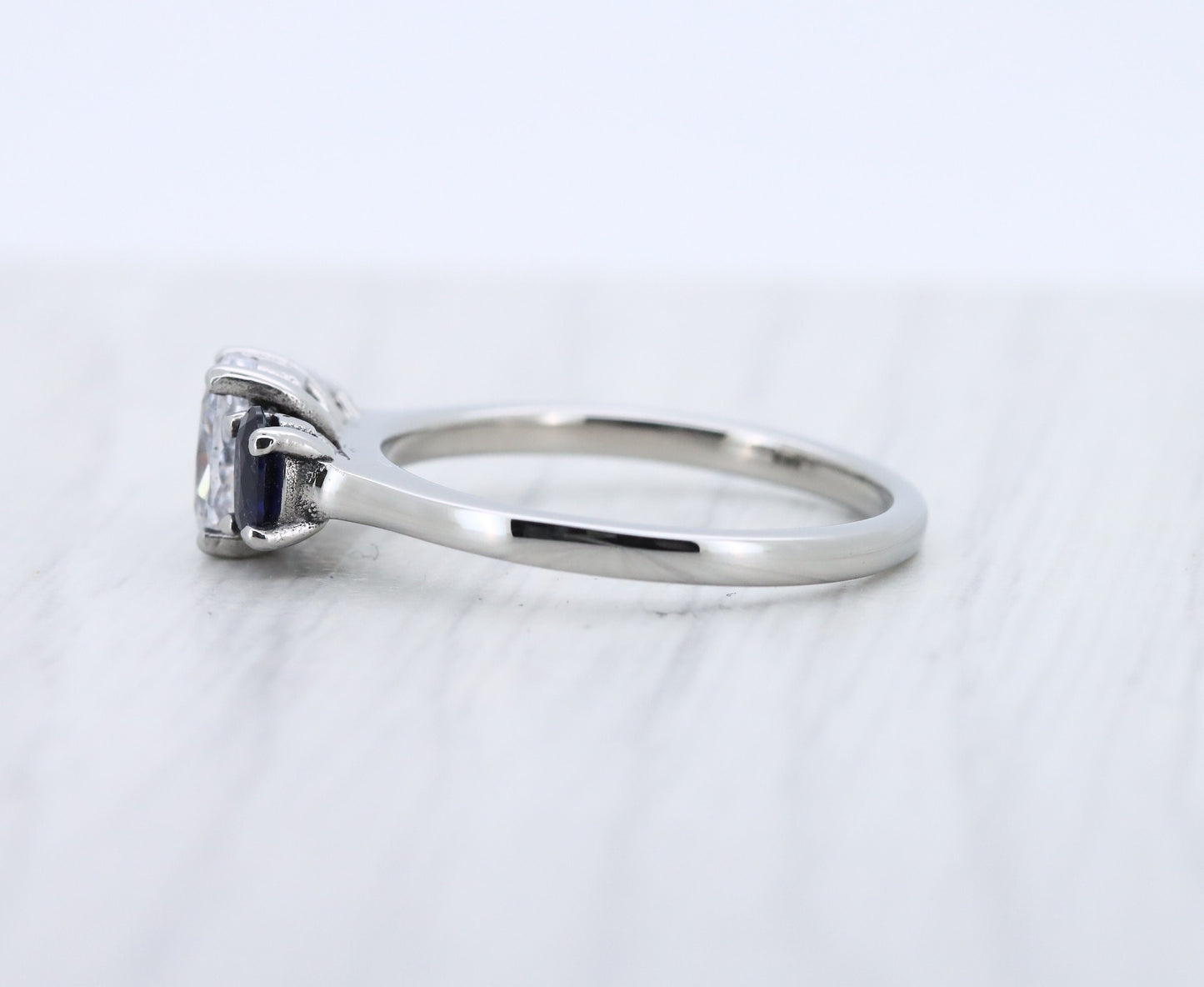 Natural Blue Sapphire & moissanite Oval Ice cut 3 stone Trilogy Ring in White Gold Filled or Titanium  - engagement ring - handmade ring