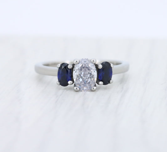 Natural Blue Sapphire & moissanite Oval Ice cut 3 stone Trilogy Ring in White Gold Filled or Titanium  - engagement ring - handmade ring