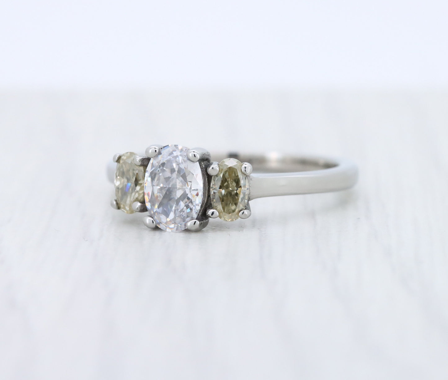 Yellow & White moissanite Oval Ice cut 3 stone Trilogy Ring in White Gold Filled or Titanium  - engagement ring - handmade ring