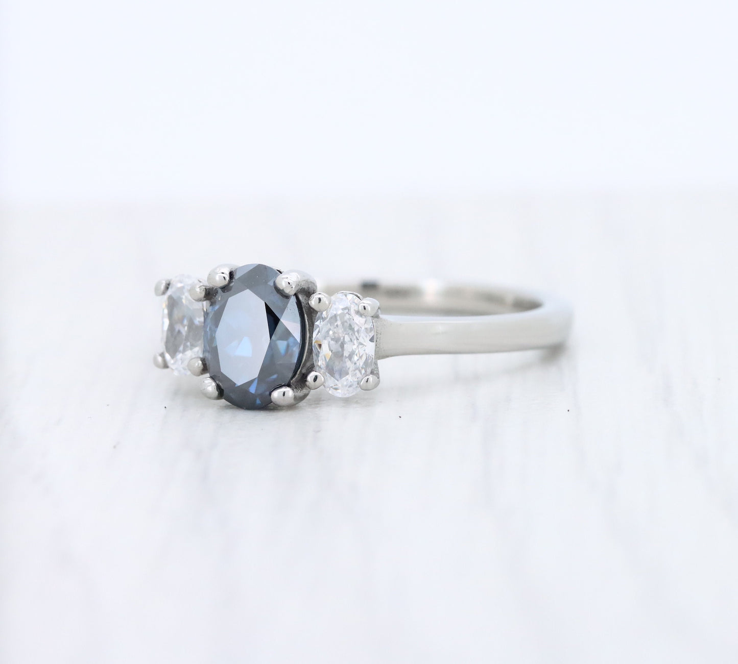 Royal Blue & White moissanite Oval Ice cut 3 stone Trilogy Ring in White Gold Filled or Titanium  - engagement ring - handmade ring