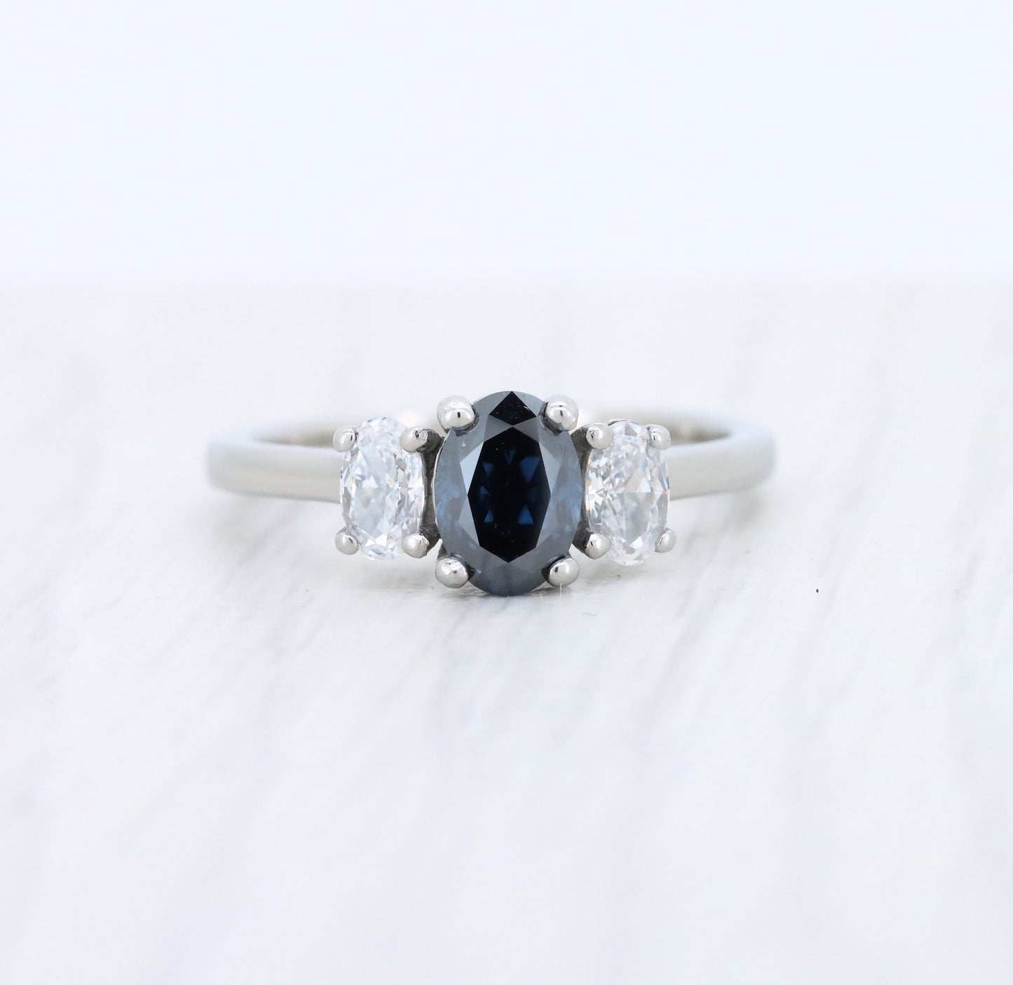 Royal Blue & White moissanite Oval Ice cut 3 stone Trilogy Ring in White Gold Filled or Titanium  - engagement ring - handmade ring