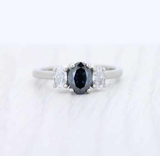 Royal Blue & White moissanite Oval Ice cut 3 stone Trilogy Ring in White Gold Filled or Titanium  - engagement ring - handmade ring