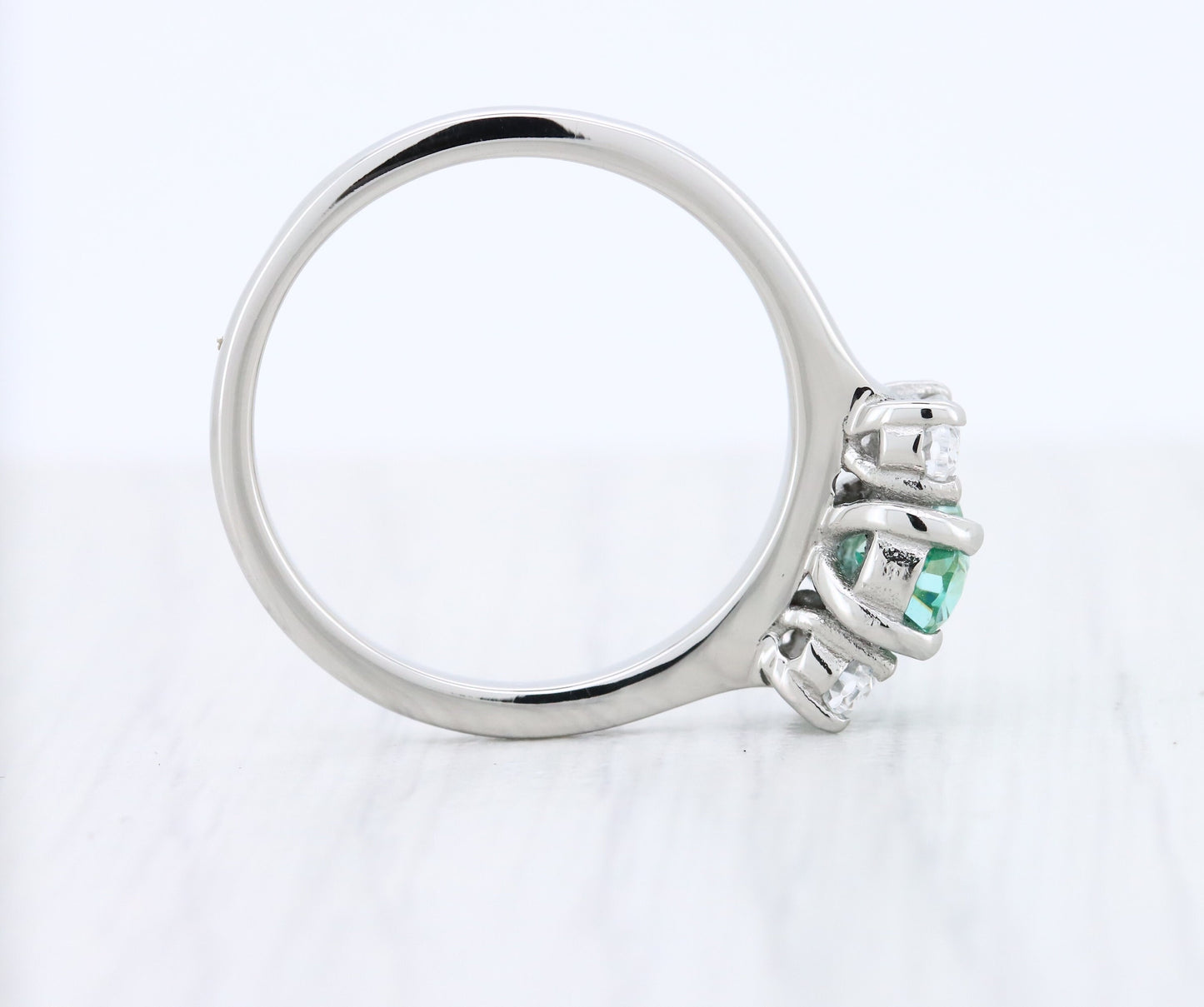 Green & White moissanite Oval Ice cut 3 stone Trilogy Ring in White Gold Filled or Titanium  - engagement ring - handmade ring