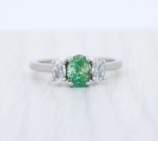 Green & White moissanite Oval Ice cut 3 stone Trilogy Ring in White Gold Filled or Titanium  - engagement ring - handmade ring