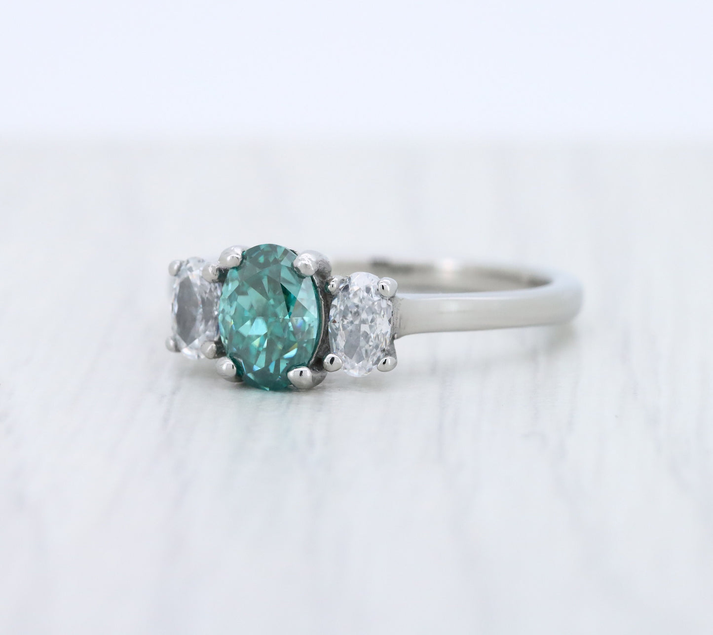 Teal & White moissanite Oval Ice cut 3 stone Trilogy Ring in White Gold Filled or Titanium  - engagement ring - handmade ring