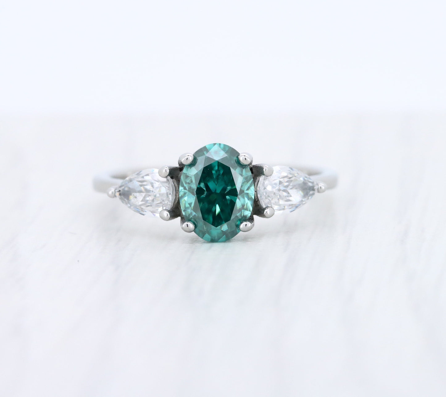 Teal and White Genuine moissanite Oval & pear cut 3 stone Trilogy Ring in White Gold or Titanium  - engagement ring - handmade ring