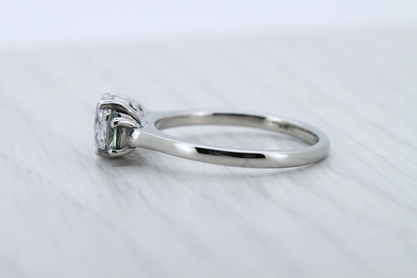 Natural Green Sapphire & moissanite Oval Ice cut 3 stone Trilogy Ring in White Gold Filled or Titanium  - engagement ring - handmade ring