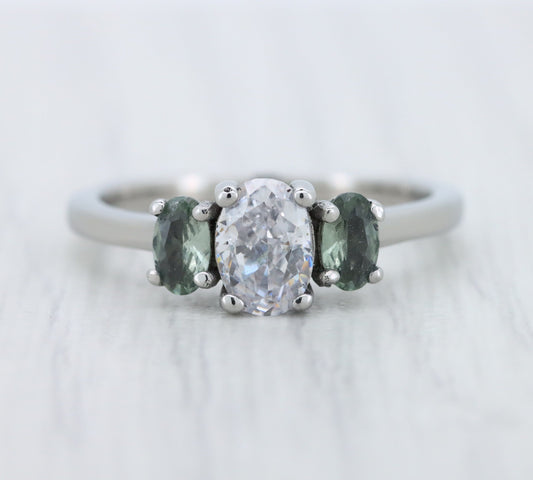 Natural Green Sapphire & moissanite Oval Ice cut 3 stone Trilogy Ring in White Gold Filled or Titanium  - engagement ring - handmade ring