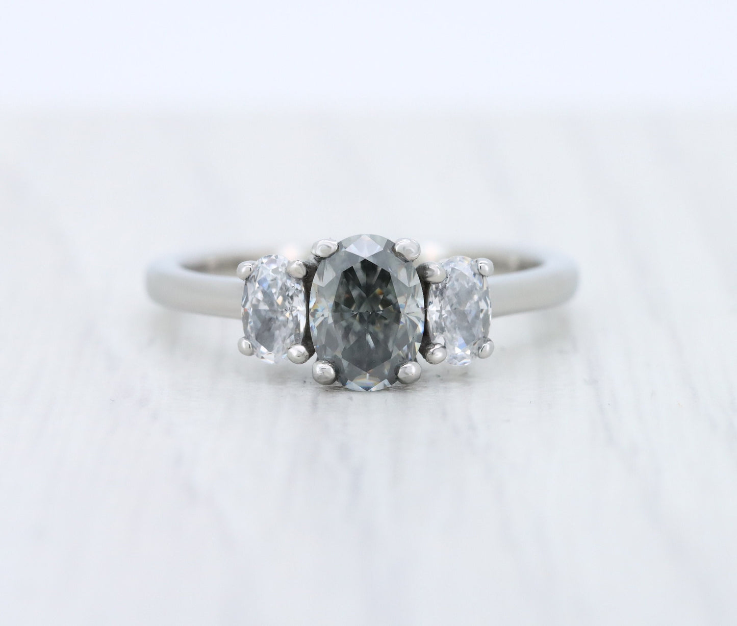 Grey & White moissanite Oval Ice cut 3 stone Trilogy Ring in White Gold Filled or Titanium  - engagement ring - handmade ring