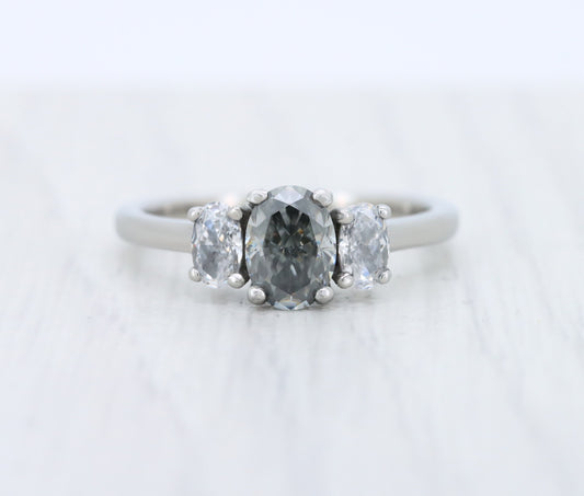 Grey & White moissanite Oval Ice cut 3 stone Trilogy Ring in White Gold Filled or Titanium  - engagement ring - handmade ring