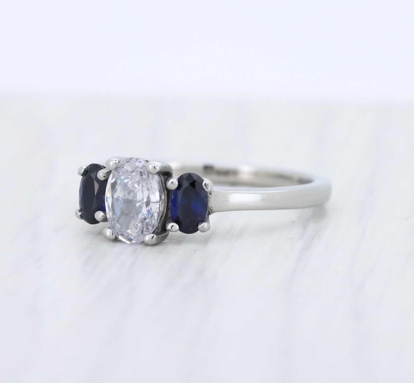 Natural Blue Sapphire & moissanite Oval Ice cut 3 stone Trilogy Ring in White Gold Filled or Titanium  - engagement ring - handmade ring