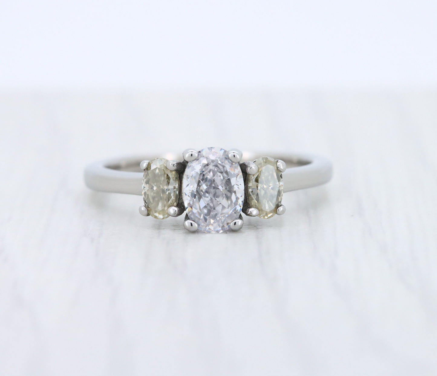 Yellow & White moissanite Oval Ice cut 3 stone Trilogy Ring in White Gold Filled or Titanium  - engagement ring - handmade ring