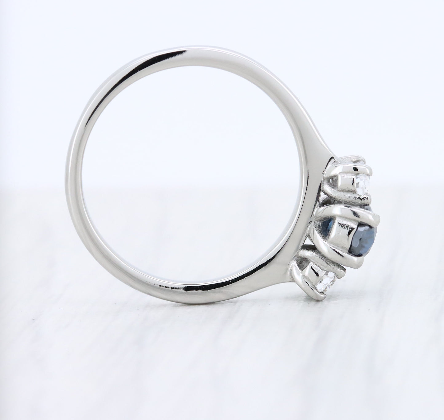 Royal Blue & White moissanite Oval Ice cut 3 stone Trilogy Ring in White Gold Filled or Titanium  - engagement ring - handmade ring