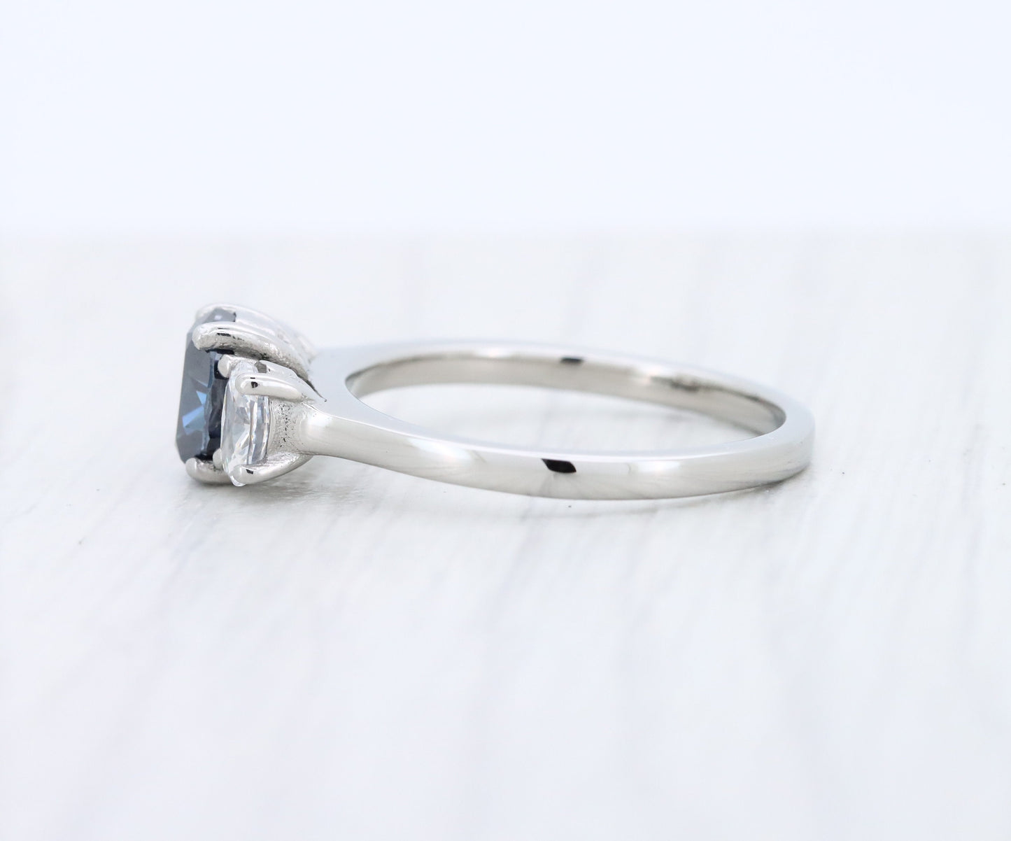 Royal Blue & White moissanite Oval Ice cut 3 stone Trilogy Ring in White Gold Filled or Titanium  - engagement ring - handmade ring