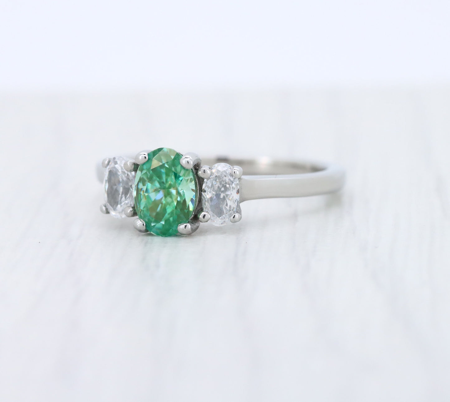 Green & White moissanite Oval Ice cut 3 stone Trilogy Ring in White Gold Filled or Titanium  - engagement ring - handmade ring