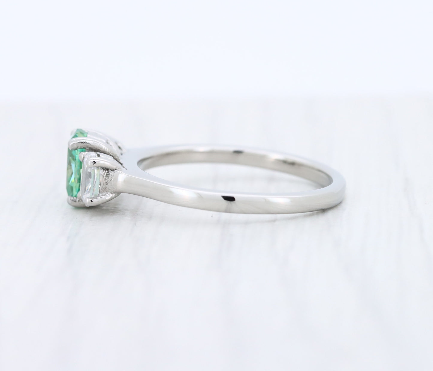 Green & White moissanite Oval Ice cut 3 stone Trilogy Ring in White Gold Filled or Titanium  - engagement ring - handmade ring