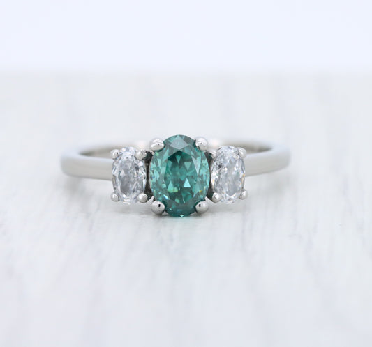 Teal & White moissanite Oval Ice cut 3 stone Trilogy Ring in White Gold Filled or Titanium  - engagement ring - handmade ring