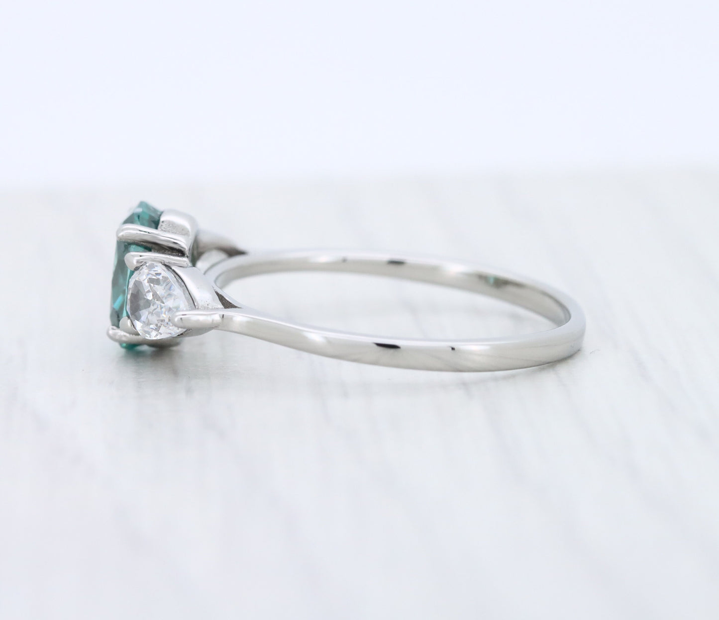 Teal and White Genuine moissanite Oval & pear cut 3 stone Trilogy Ring in White Gold or Titanium  - engagement ring - handmade ring