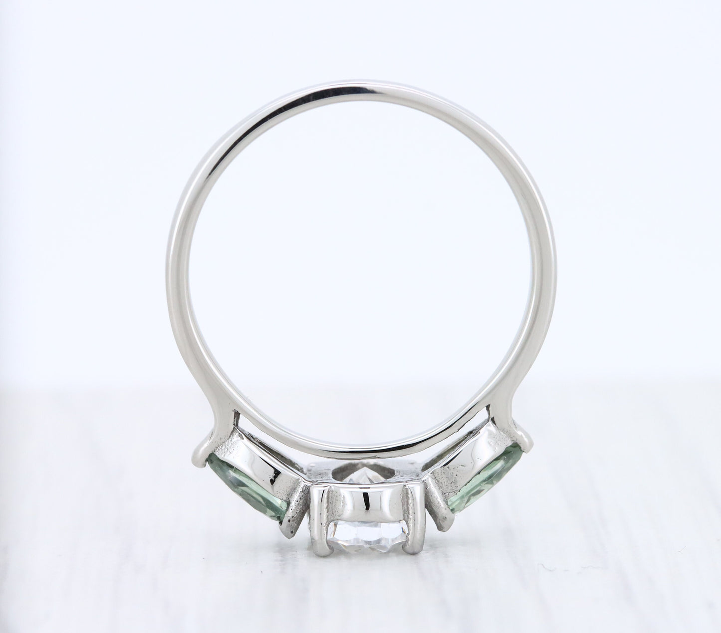 Green Sapphire and White Genuine moissanite Oval & pear cut 3 stone Trilogy Ring in White Gold or Titanium