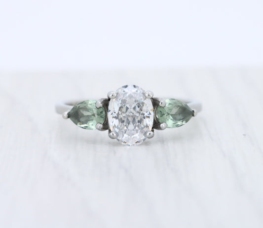 Green Sapphire and White Genuine moissanite Oval & pear cut 3 stone Trilogy Ring in White Gold or Titanium