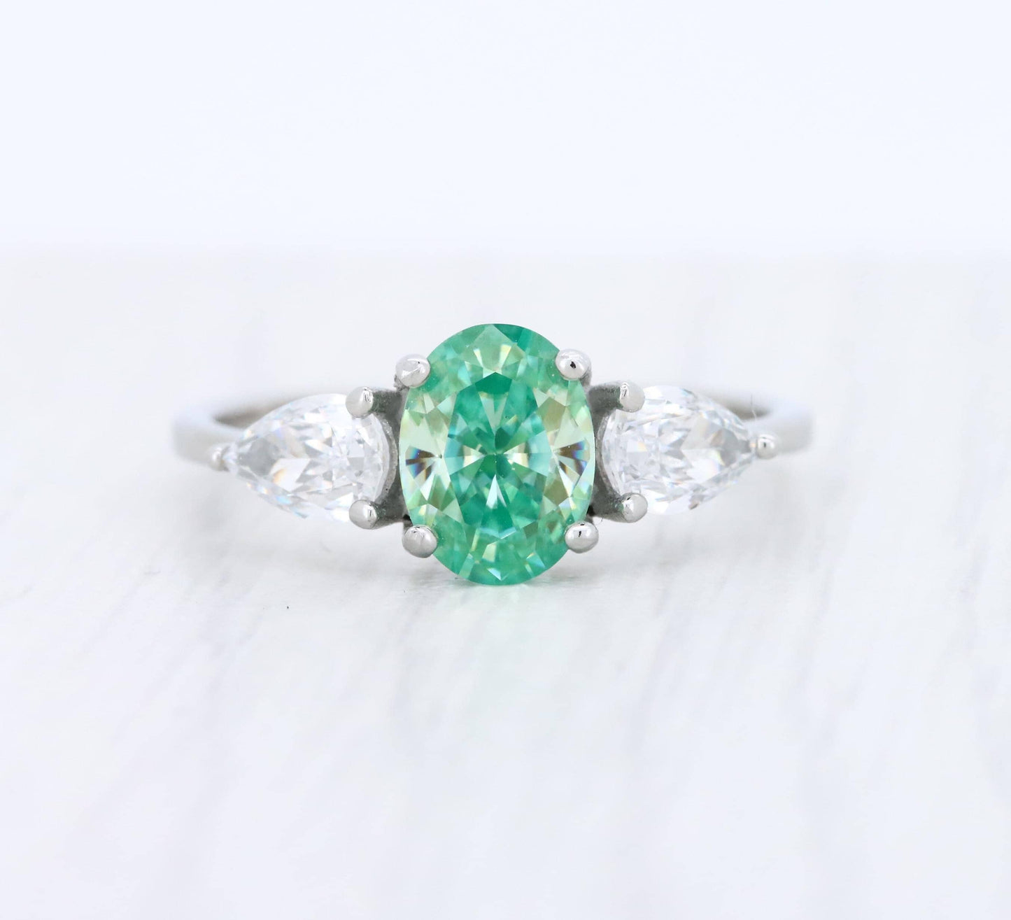 Green and White Genuine moissanite Oval & pear cut 3 stone Trilogy Ring in White Gold or Titanium  - engagement ring - handmade ring