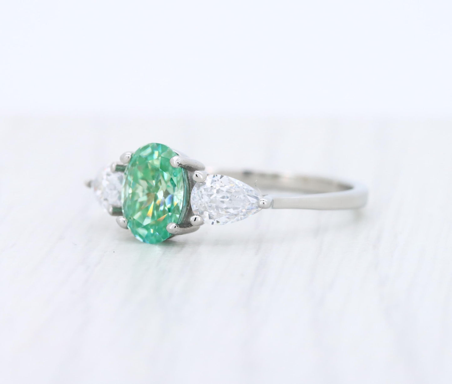 Green and White Genuine moissanite Oval & pear cut 3 stone Trilogy Ring in White Gold or Titanium  - engagement ring - handmade ring