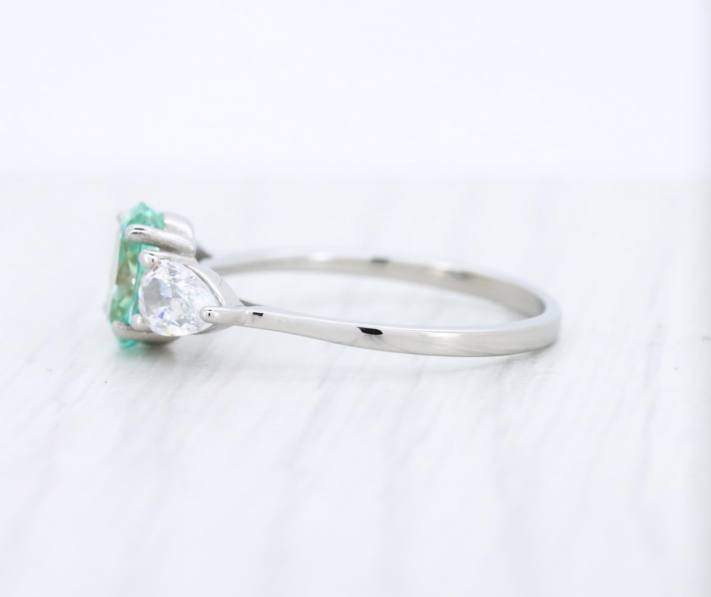 Green and White Genuine moissanite Oval & pear cut 3 stone Trilogy Ring in White Gold or Titanium  - engagement ring - handmade ring