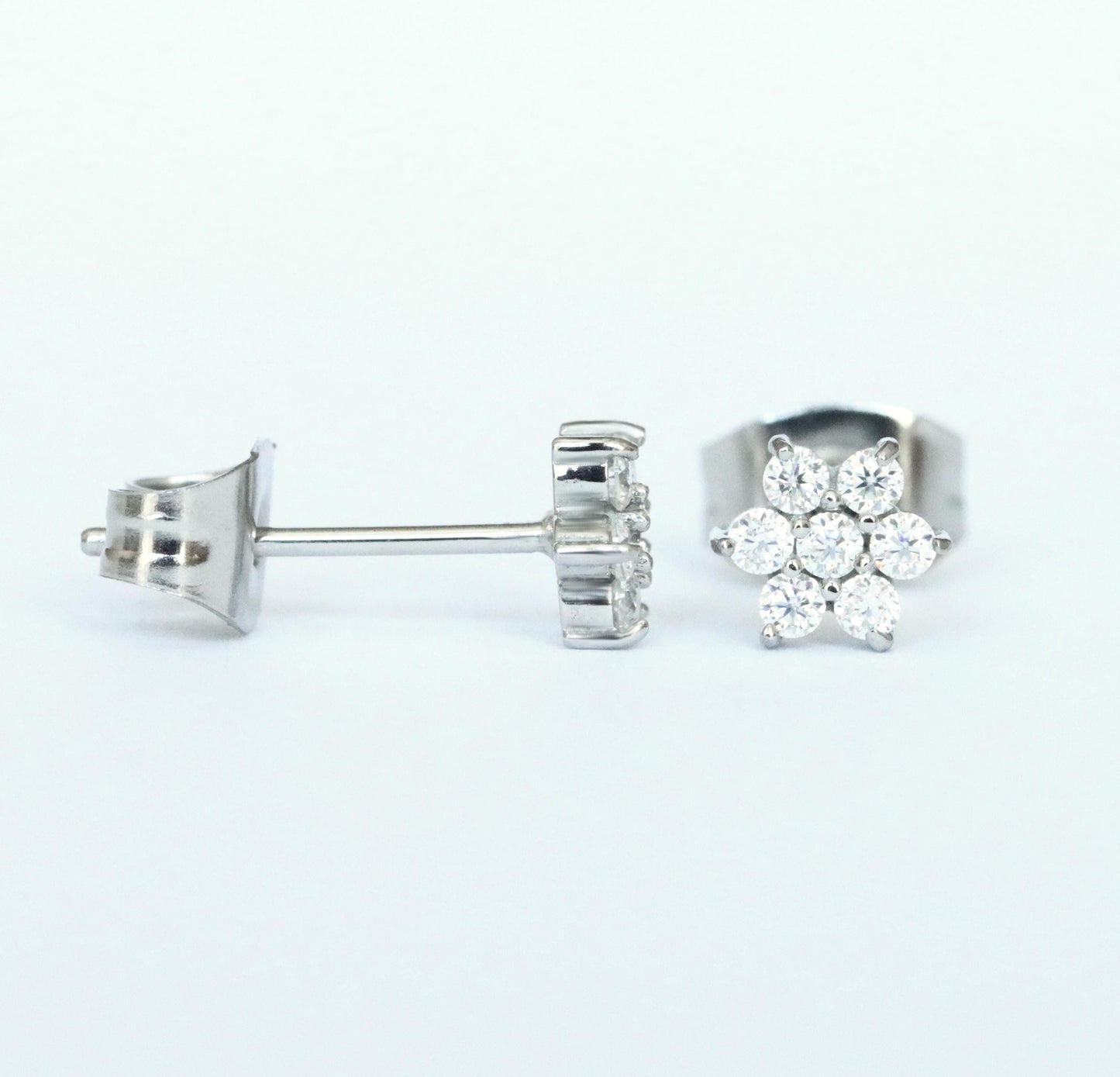 GENUINE Moissanite flower stud earrings, available in titanium, white gold and surgical steel