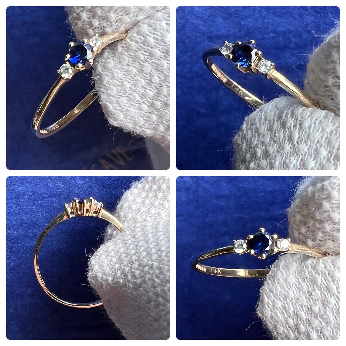 Solid 14K yellow gold trilogy ring with natural blue sapphire and moissanites - Size N 1/2