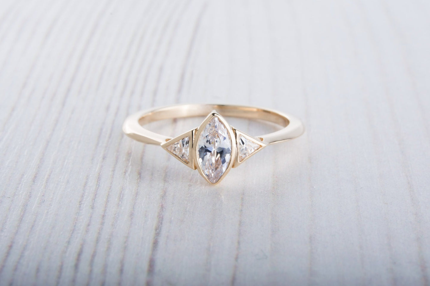 ON SALE!! Solid 10ct Yellow gold ring with Marquise and Trillion cut Man Made Diamond Simulants - handmade engagement ring