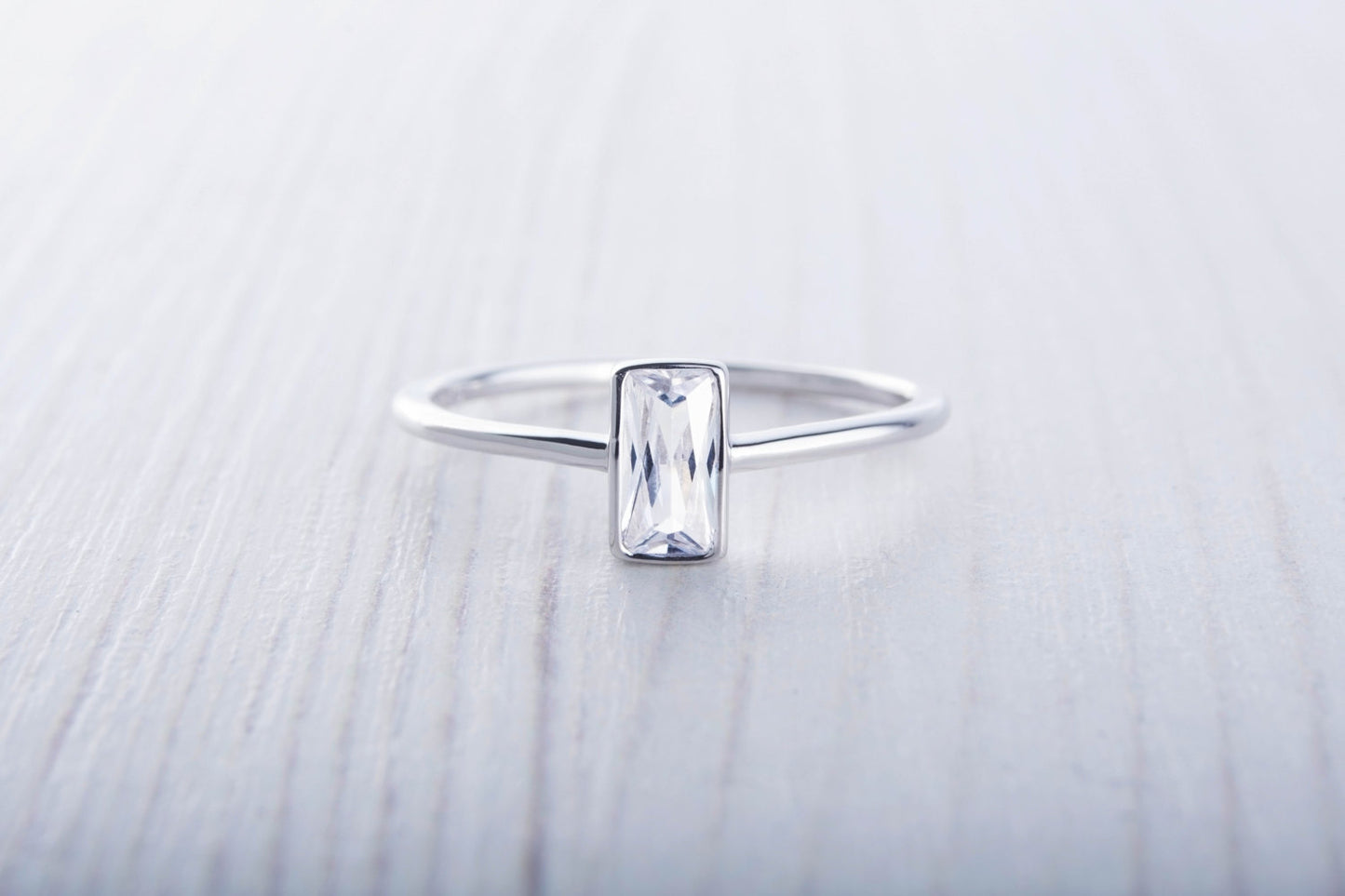 Man Made Diamond Simulant Radiant cut solitaire ring available in white gold or Silver - stacking ring - wedding band