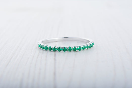 1.8mm wide Natural Emerald Half Eternity stacking ring  in white gold or Silver - stacking ring - wedding band - handmade ring