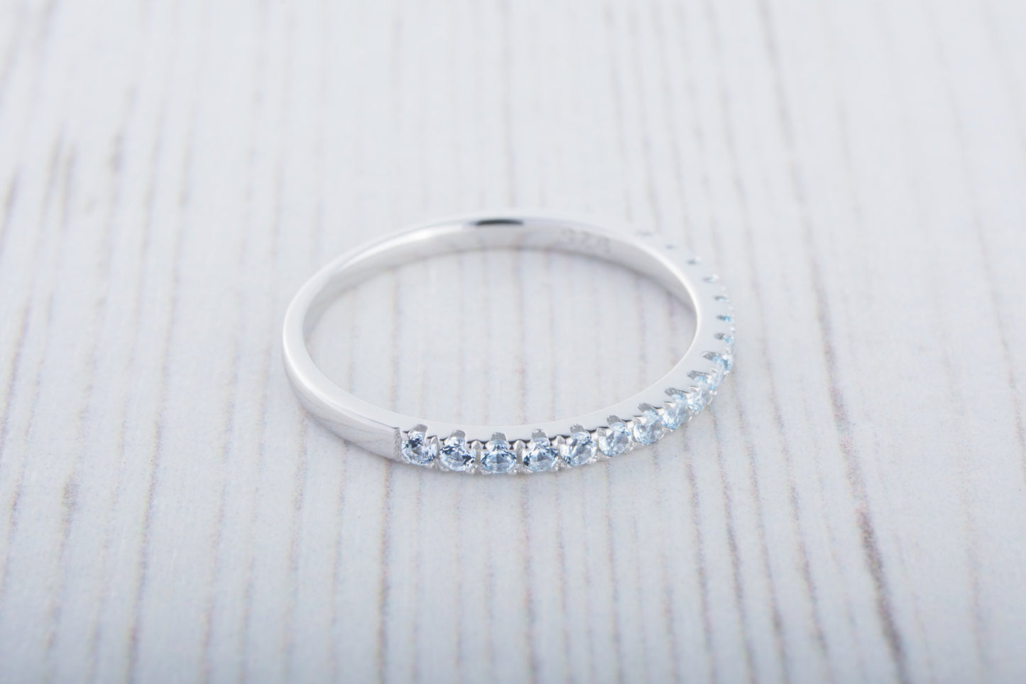 1.8mm wide natural Aquamarine Half Eternity ring  in white gold or Silver