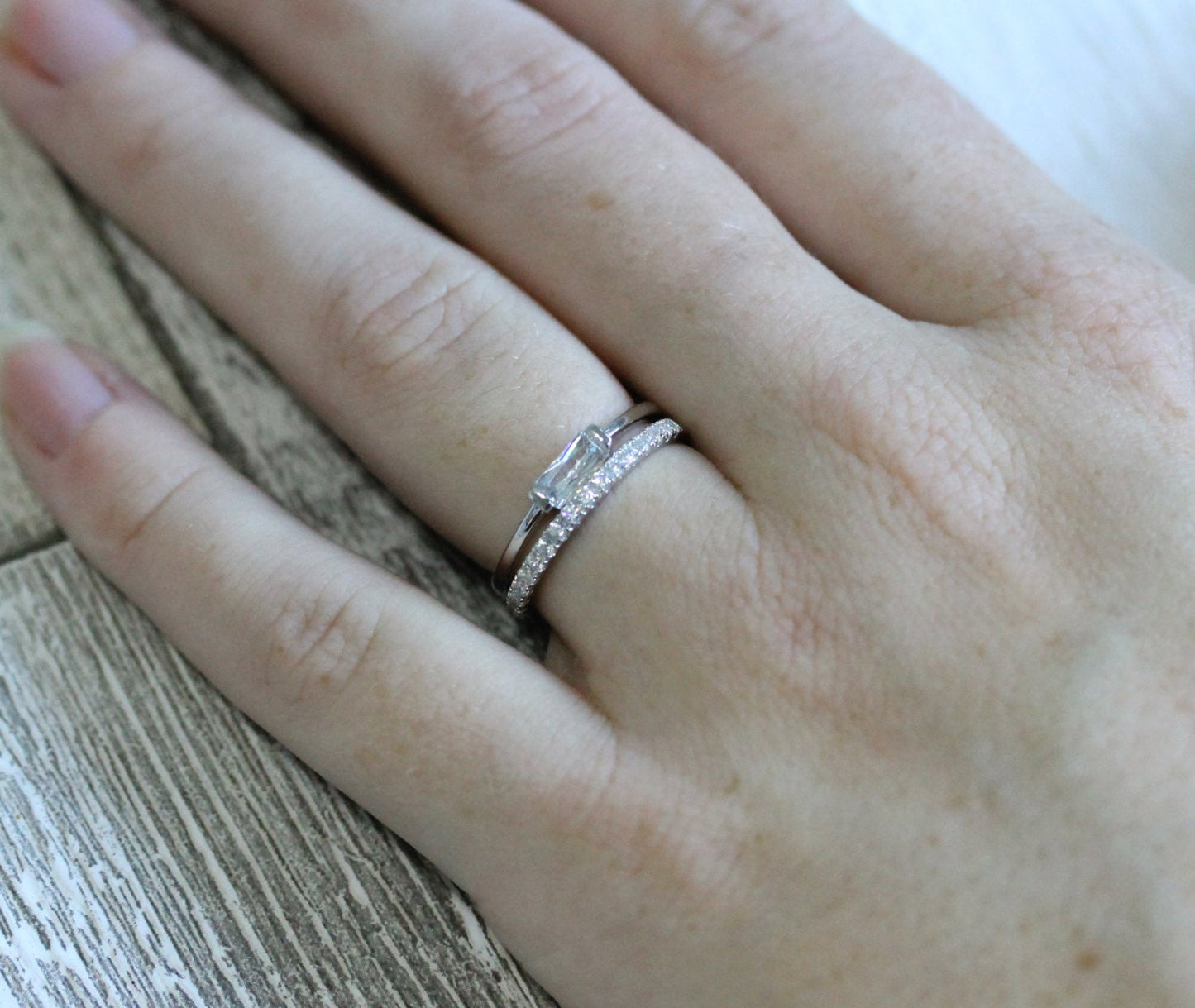 Man Made Diamond Simulant Stacking rings - Radiant solitaire ring and half eternity band - available in white gold or Silver