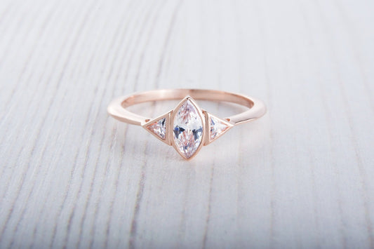 ON SALE!! 10ct Rose gold ring with Marquise and Trillion cut Man Made Diamond Simulants - handmade engagement ring