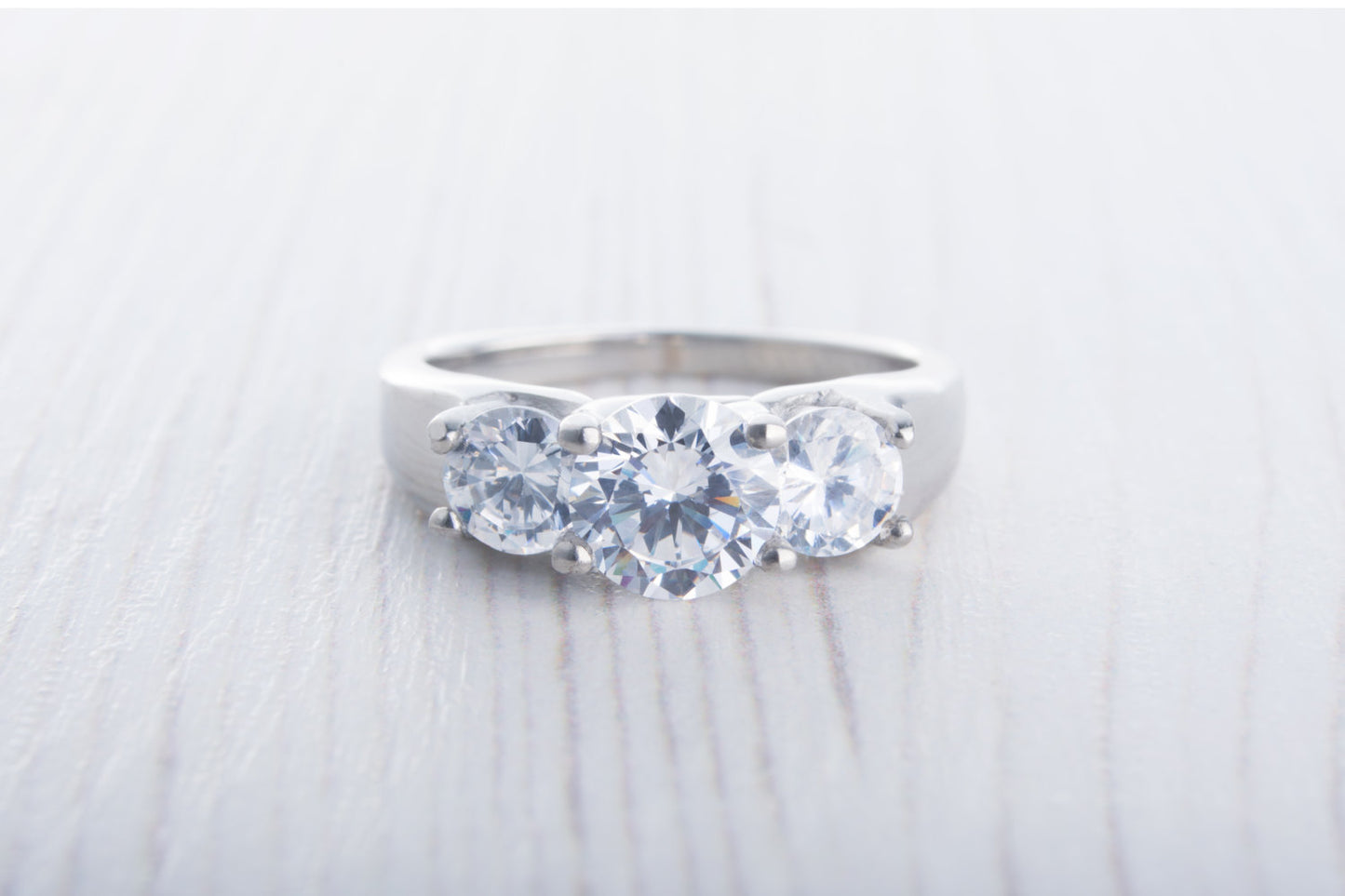 White Sapphire 3 stone trellis trilogy ring in titanium or white gold - engagement ring