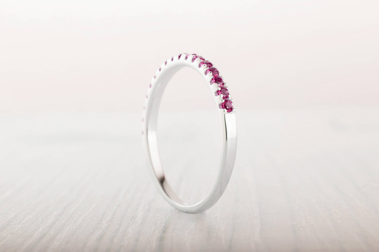 1.8mm wide Ruby Half Eternity ring  in white gold or Silver - stacking ring - wedding band - handmade engagement ring