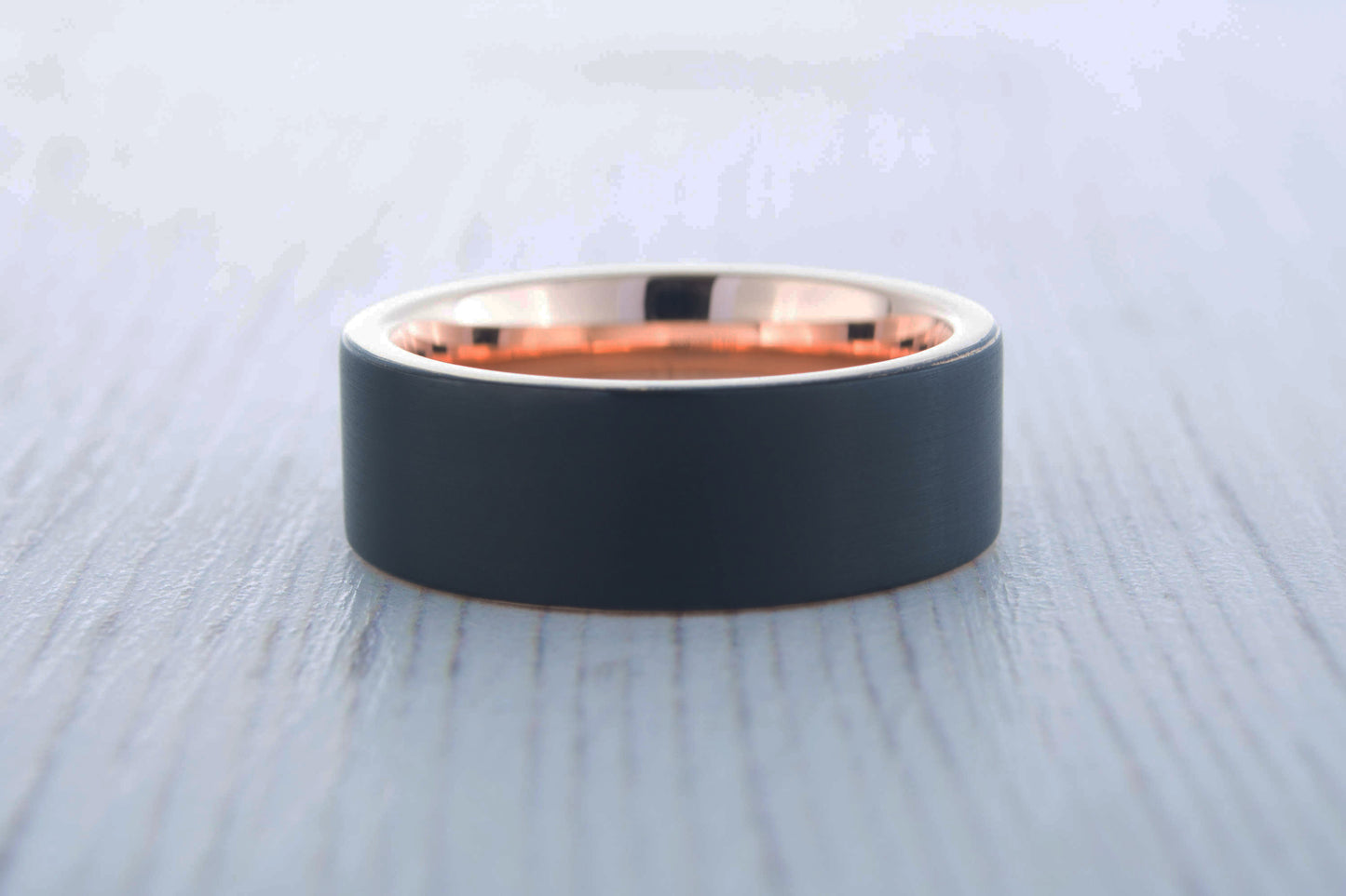6mm Black Brushed titanium and 18k rose gold wedding ring band for men and women