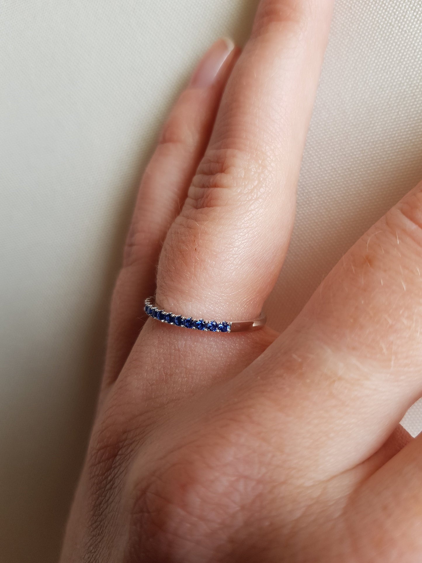 1.8mm wide Lab Blue Sapphire Half Eternity ring in white gold or Silver