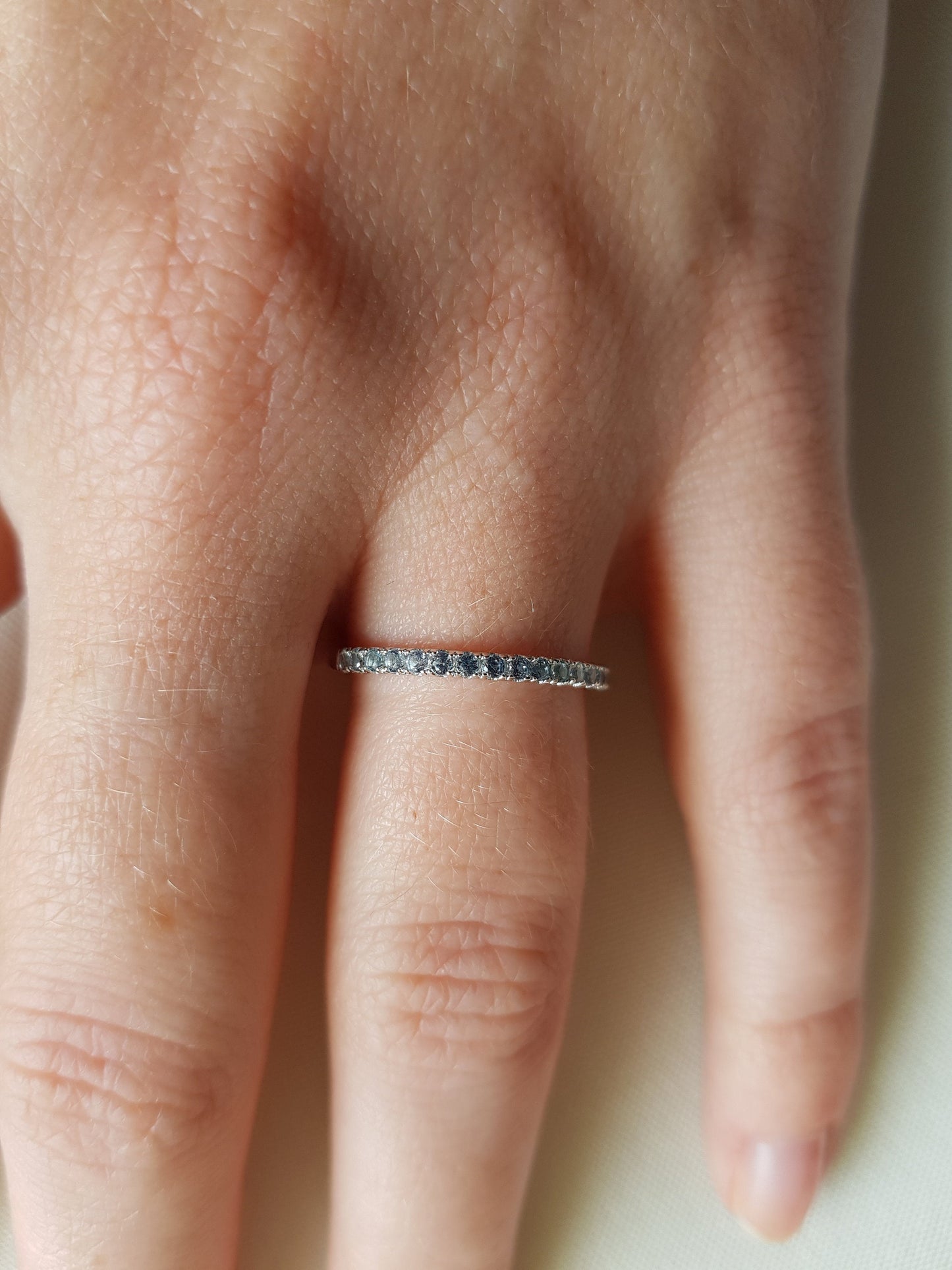 1.8mm wide natural Aquamarine Half Eternity ring  in white gold or Silver