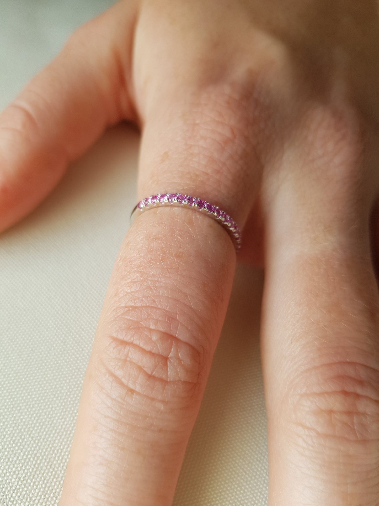1.8mm wide Natural Pink Tourmaline Half Eternity ring  in white gold or Silver - stacking ring - wedding band - handmade engagement ring