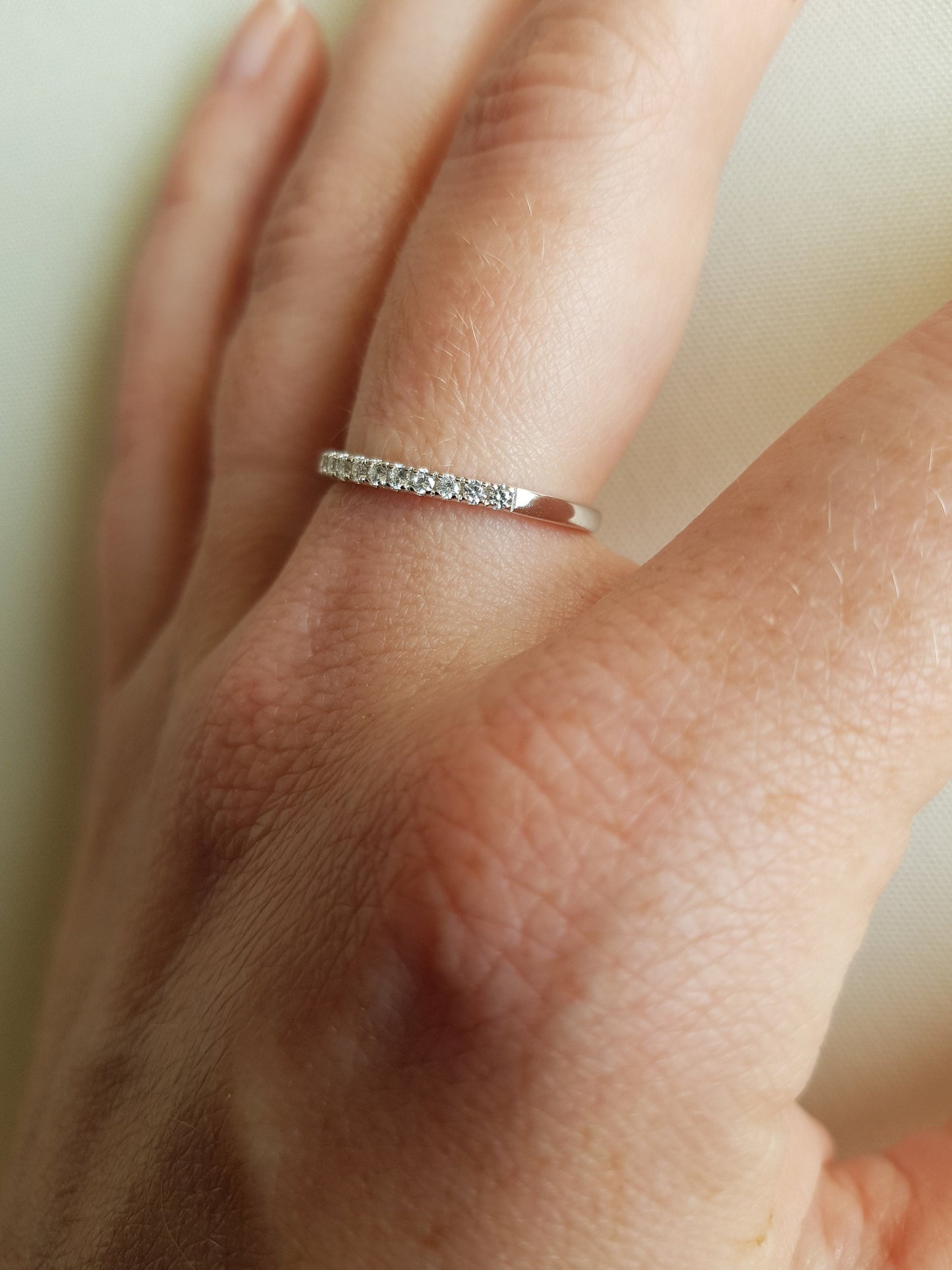 1.8mm wide Man Made Moissanite Half Eternity ring  in white gold, titanium, or Silver