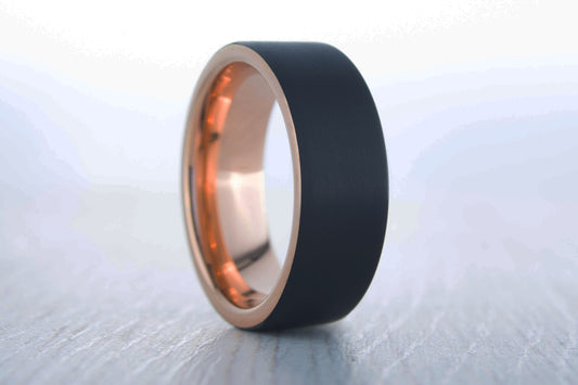 6mm Black Brushed titanium and 18k rose gold wedding ring band for men and women